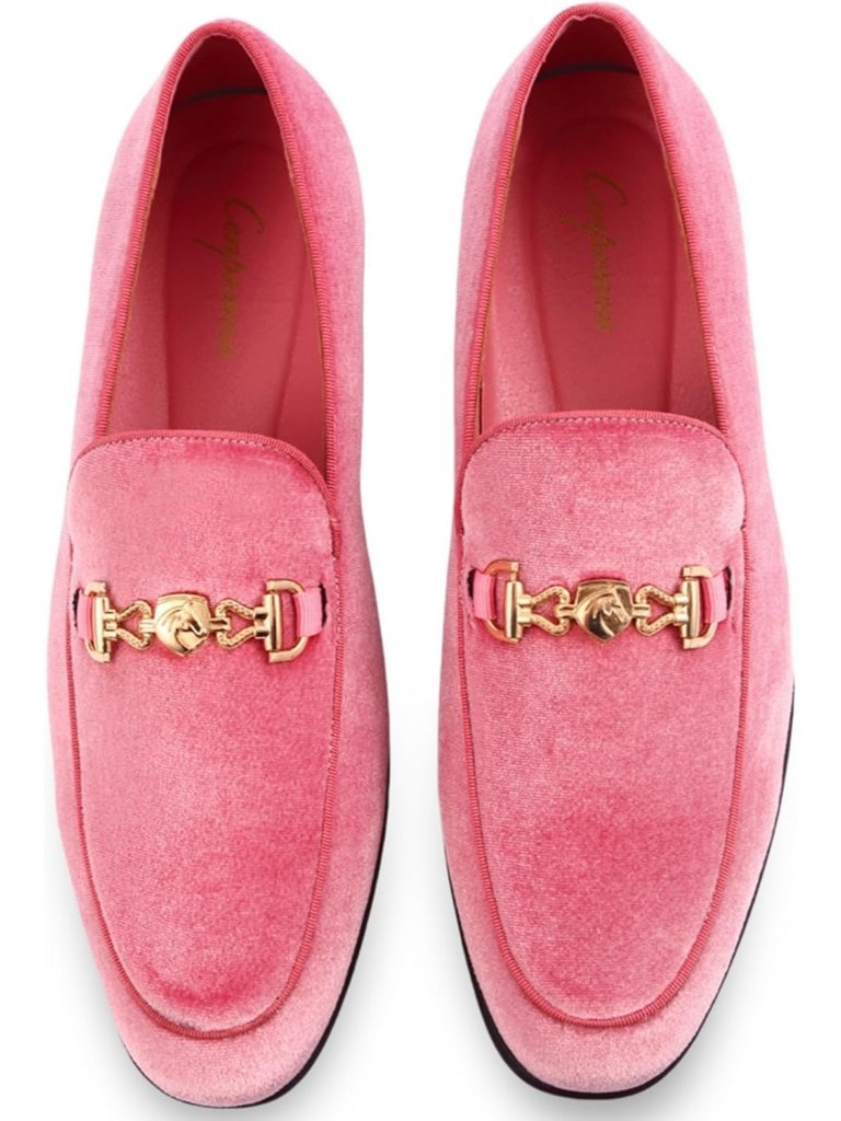 Cenprmon Men's Pink Velvet Penny Loafers Metal Buckle Slip On Tuxedo Party Shoes